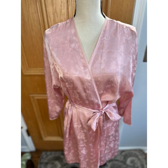 Vintage Women's Pink Satin Robe Roses Bows Floral Jacquard Belted Dressing Gown - Picture 2 of 6